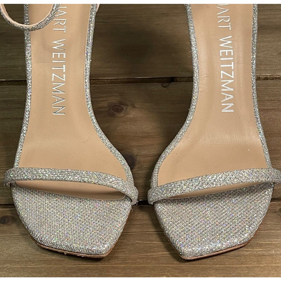 Stuart Weitzman Women's Nudistcurve Heeled Sandal Size 6.5 Crystal Silver 100 mm - Picture 4 of 16